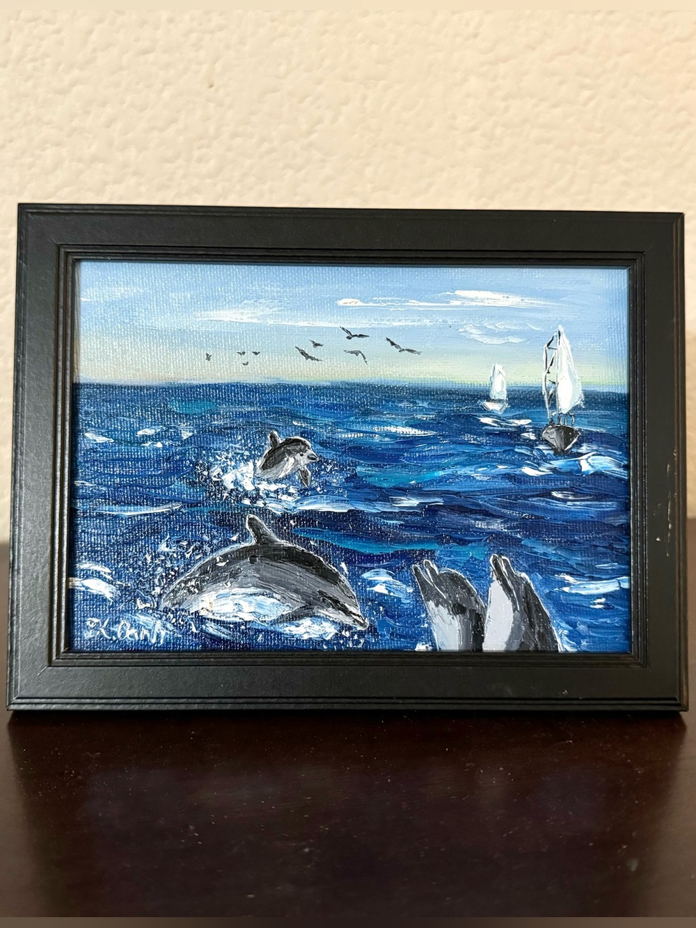 Original oil painting Dolphin Ocean Seascape signed framed 5x7 inches